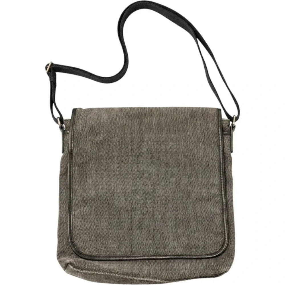 Levenger Gray Canvas Messenger Bag Black Leather Trim Vintage Early 2000s Y2K